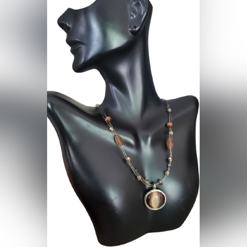 NY Tiger's Eye Stone Pendant 3 Strand Beaded Necklace